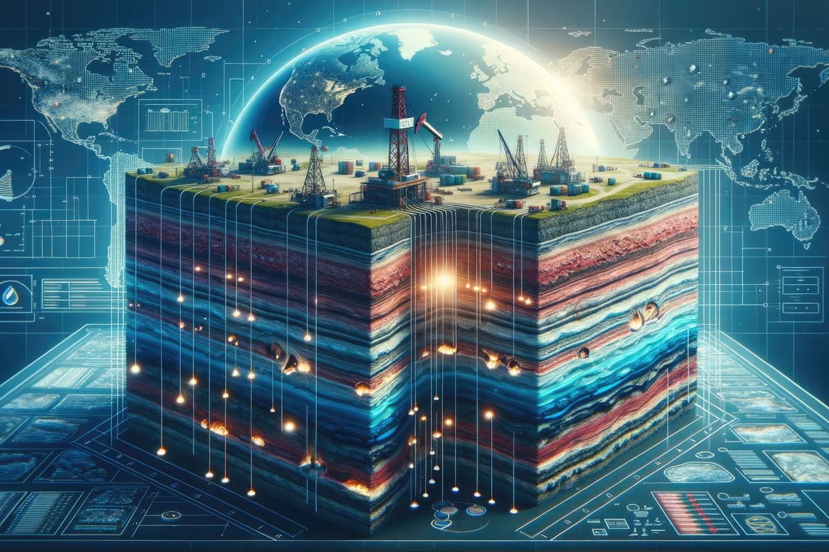 Detailed cross-section showcases geological strata, illuminated